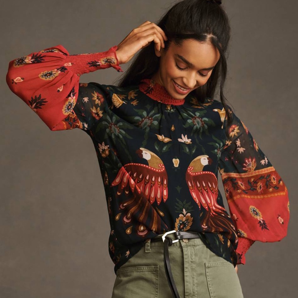 Farm Rio Long-Sleeve Smocked Blouse Tropical Floral Bird Print Size Xxs